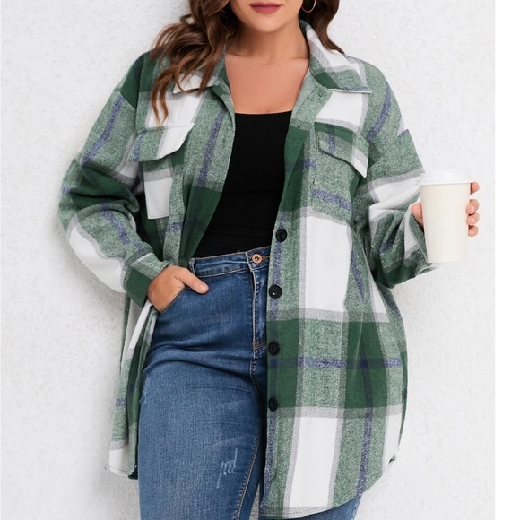 Plus Plaid Print Button Down jacket Shacket - Picture 2 of 10